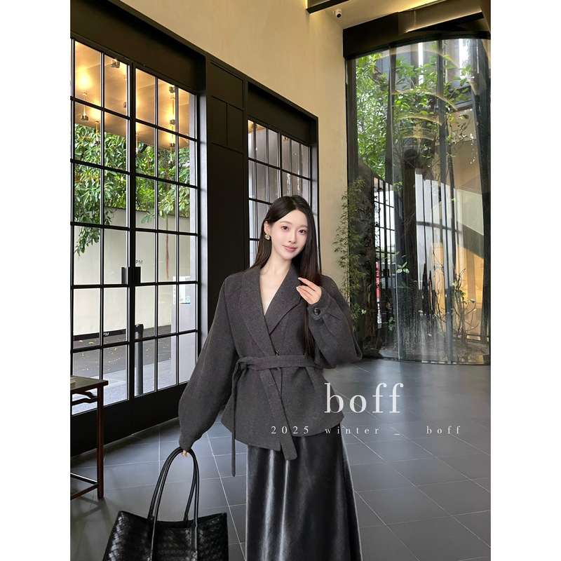 boff-秋上新冬日氛围感气质优雅百搭宽松毛呢短外套(配腰带)86193|undefined