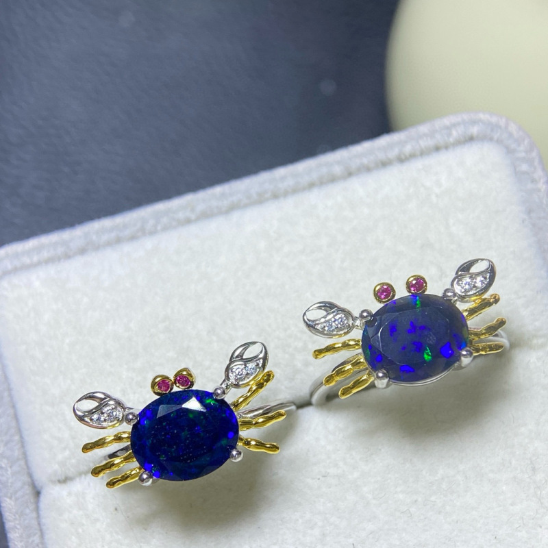 Fashion novel fun crab shape natural black opal ring women's opening fashion crab natural gem 8x10 Fashion novel fun crab shape natural black opal ring women's opening fashion crab natural gem 8x10