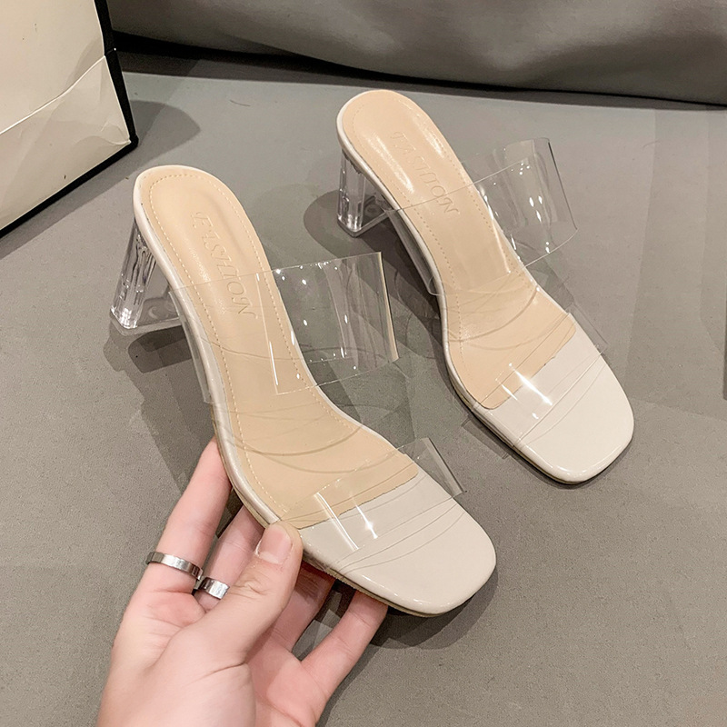 Transparent High-Heeled Women's Sandals, New Summer Style, Square Toe, Crystal Chunky Heel, One-Strap Fashion, Large Size, Outdoor Wear Transparent High-Heeled Women's Sandals, New Summer Style, Square Toe, Crystal Chunky Heel, One-Strap Fashion, Large Size, Outdoor Wear