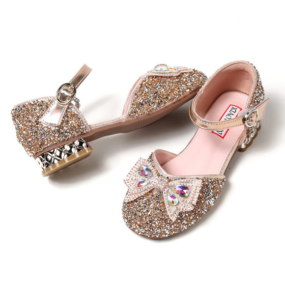 Girls' Sandals 2023 Summer New Style Little Girl Soft Sole Baotou High Heels Children's Crystal Princess Shoes