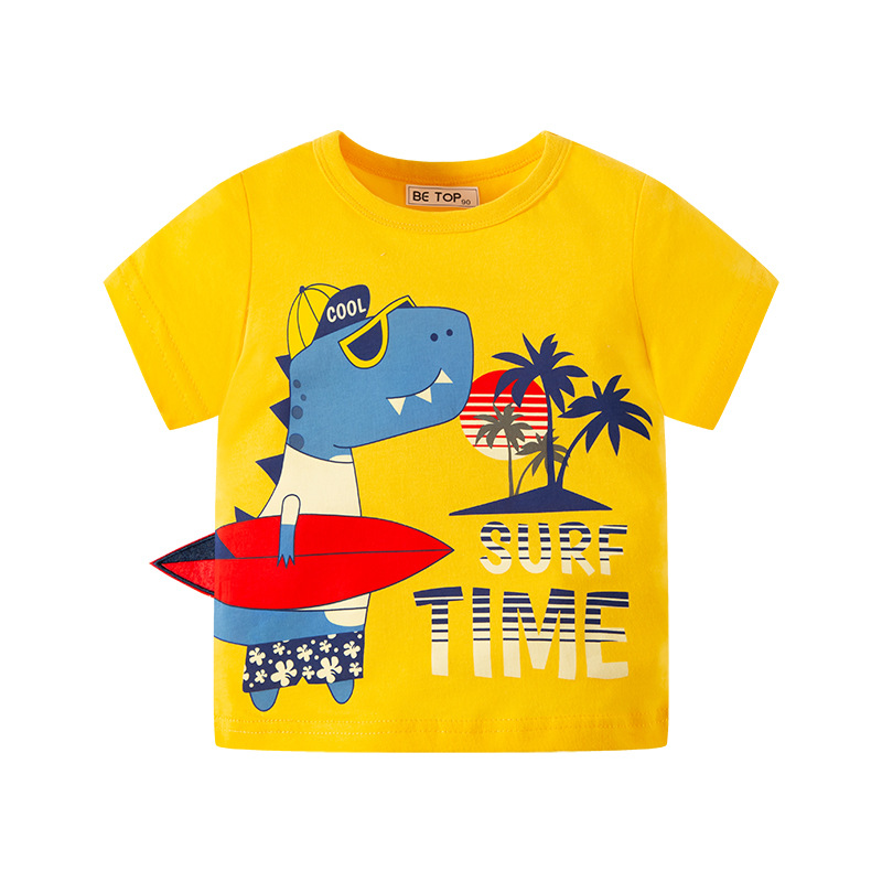 Camiseta de manga corta para niños directa de fábrica nueva entrega de una pieza superior de estilo occidental de media manga de algodón para niño de dinosaurio de dibujos animados