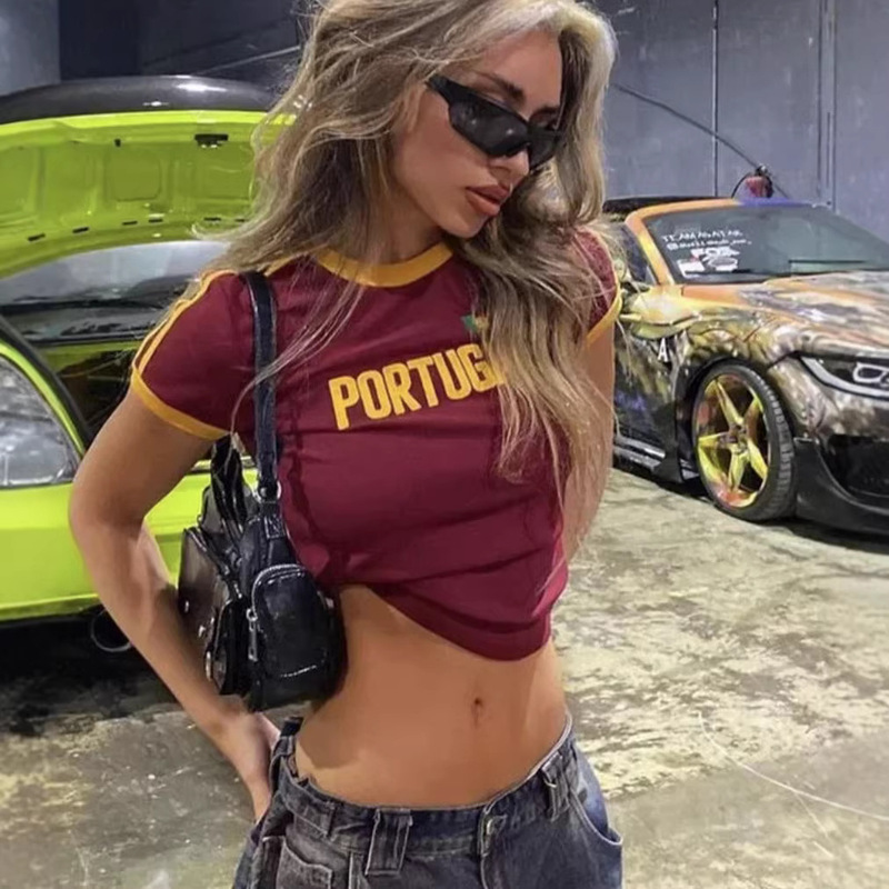 Fashion Women's Clothing American Retro Striped Letter Print Street Style Spicy Crop Top T-Shirt and Shorts Wholesale