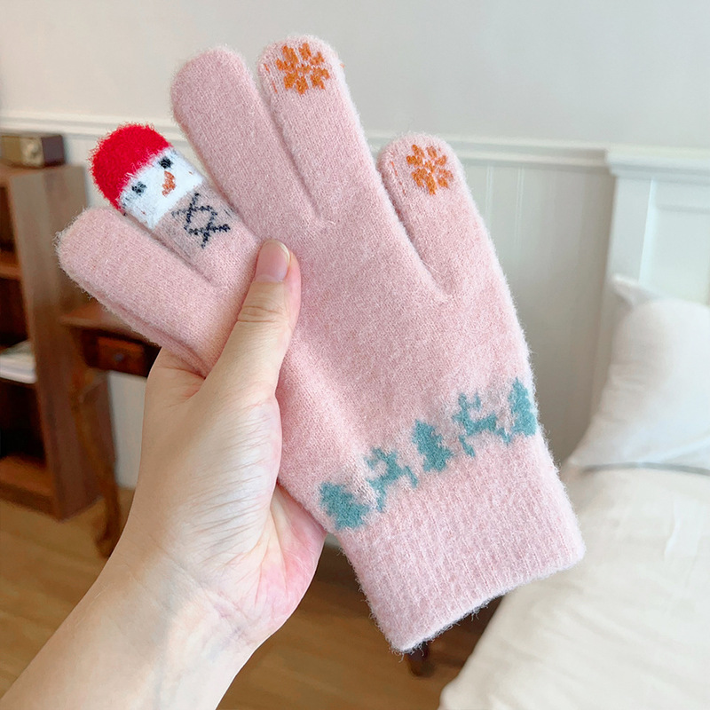 甜美学生毛线手套女冬季防寒保暖全指圣诞树雪人雪花触屏户外骑车|undefined