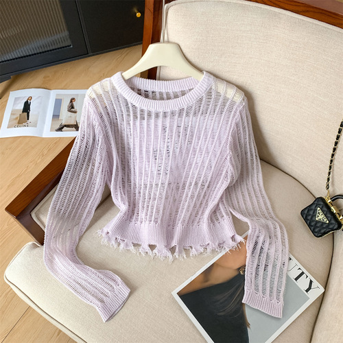 Summer and Autumn New Arrival Design Short Sleeve Sun Protection Air Conditioning Top Casual Gray Lace Embroidery Fringe Knit Cardigan Women