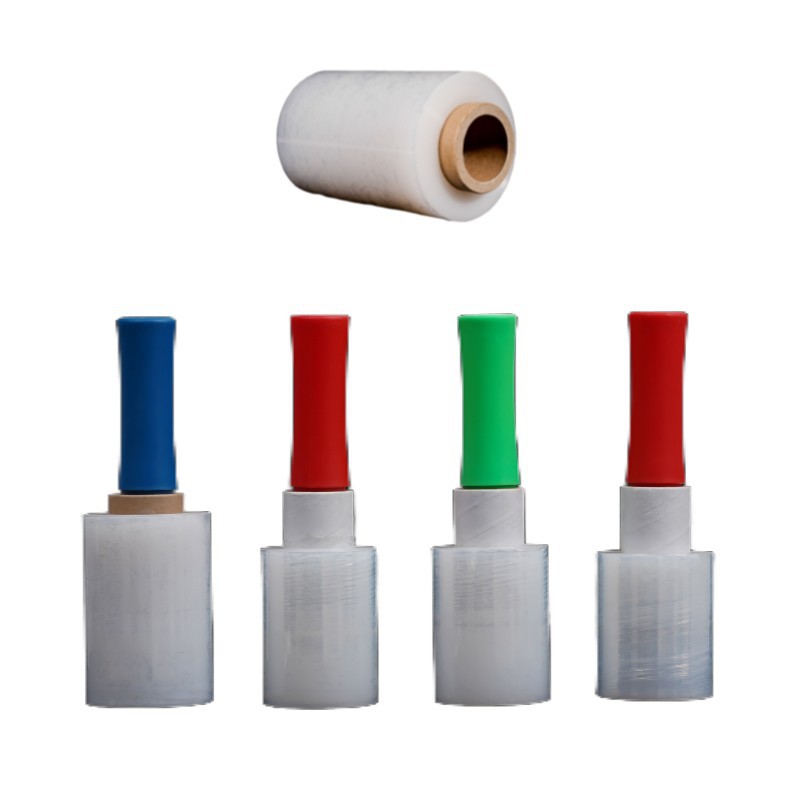 Pequeño rollo de envoltura de película mango de embalaje recubierto película de plástico hogar película de mano PE estiramiento mango película 10cm