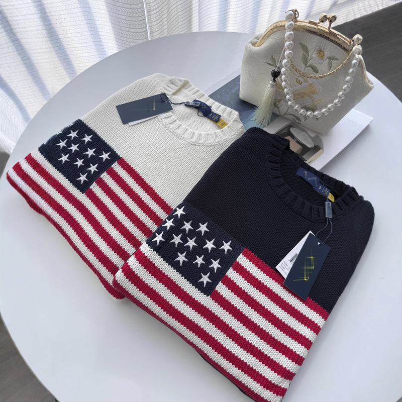 Rl/Scanable 2025 New Autumn and Winter Pure Cotton Heavy Embroider American Flag Round Neck Knitted Sweater for Men and Women