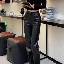 黑色直筒PU皮裤女秋冬大码胖mm辣妹高腰秋季百搭窄版阔腿拖地长裤