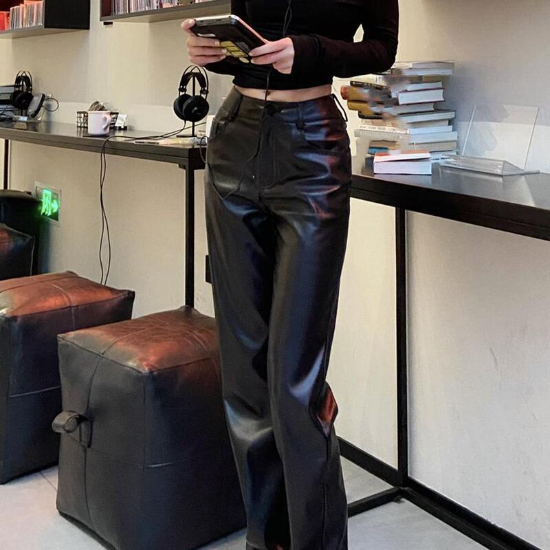 Black Straight-Leg Pu Leather Pants for Women, Spring and Autumn, Plus Size, High-Waisted, Versatile, Narrow Wide-Leg, Floor-Length Pants Black Straight-Leg Pu Leather Pants for Women, Spring and Autumn, Plus Size, High-Waisted, Versatile, Narrow Wide-Leg, Floor-Length Pants