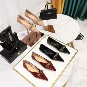 2873-5 European and American style versatile flat shoes, glossy patent leather, shallow mouthed pointed metal chain deco