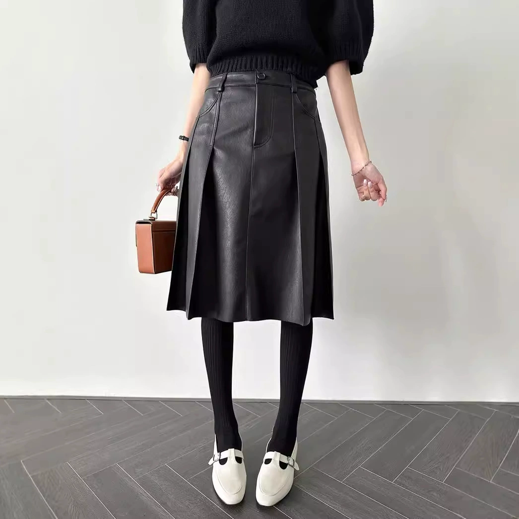 Корейская шикарная юбка из искусственной кожи на осень и зиму, новый французский элегантный универсальный плиссированный фасон, женская юбка средней длины с высокой талией