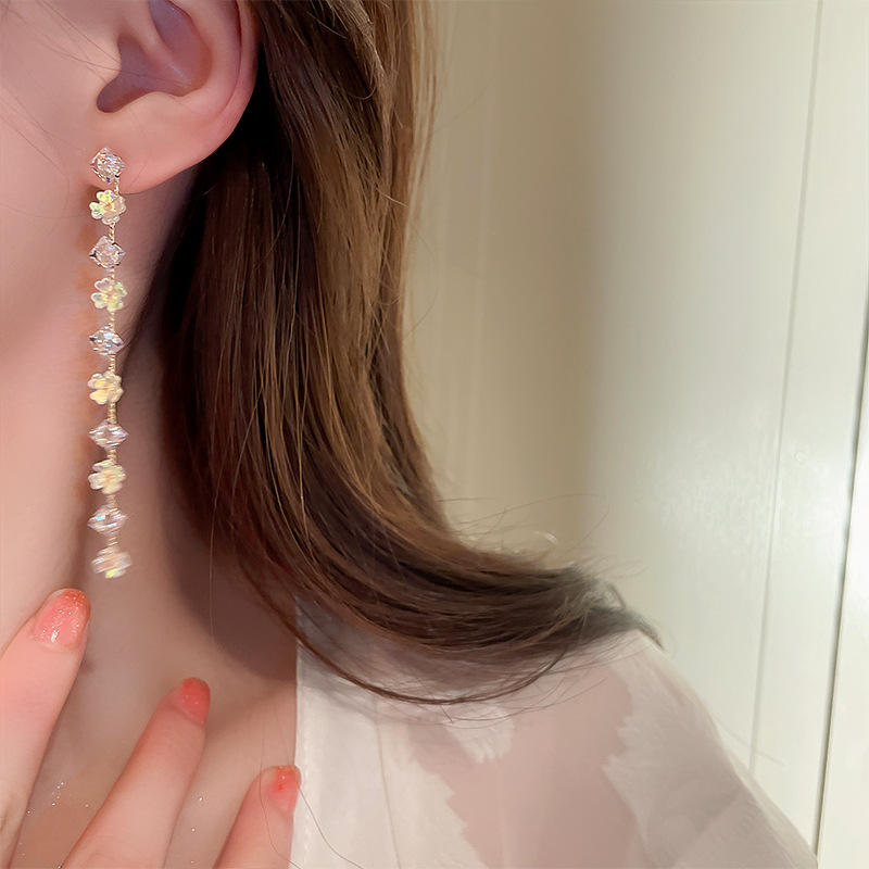 Fashion Flower Arylic Copper Earrings Tassel Zircon Copper Earrings