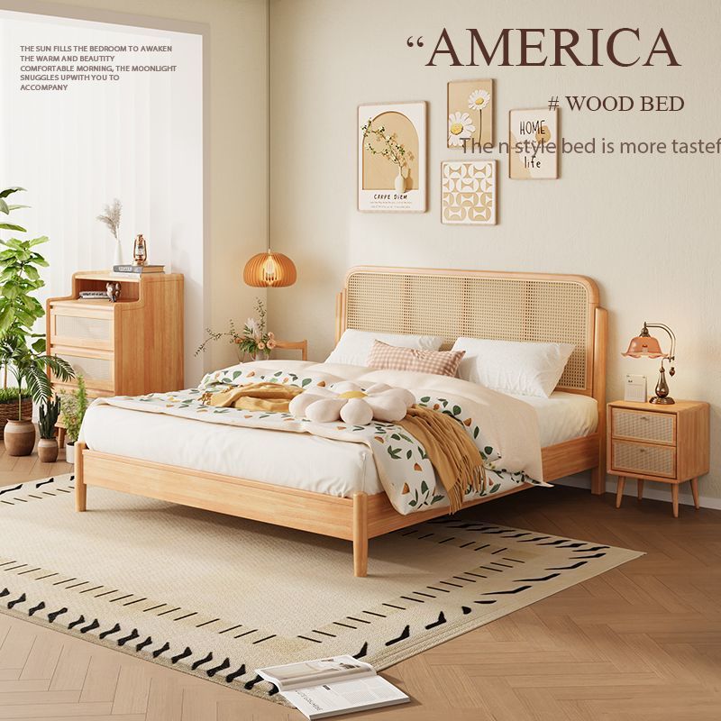 Nordic Retro Solid Wood Rattan Bed Double 1.8X 2m Small Apartment Home 1.2m Log Japanese-Style Homestay Rattan Bed
