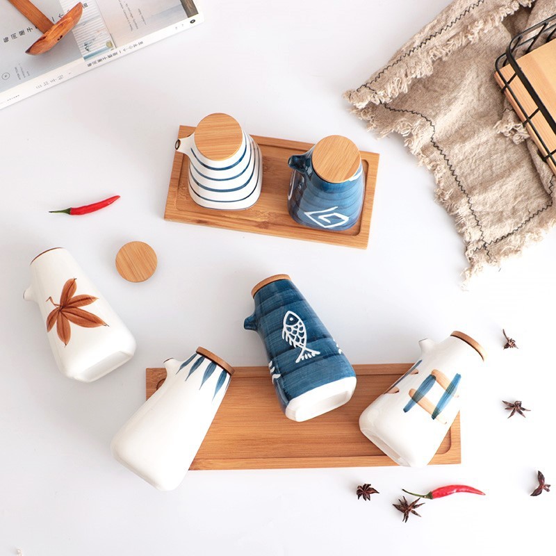 Suministros de cocina de estilo japonés creativo cerámica condimento olla salsa olla vinagre botella salsa para el hogar botella de aceite traje condimento botella