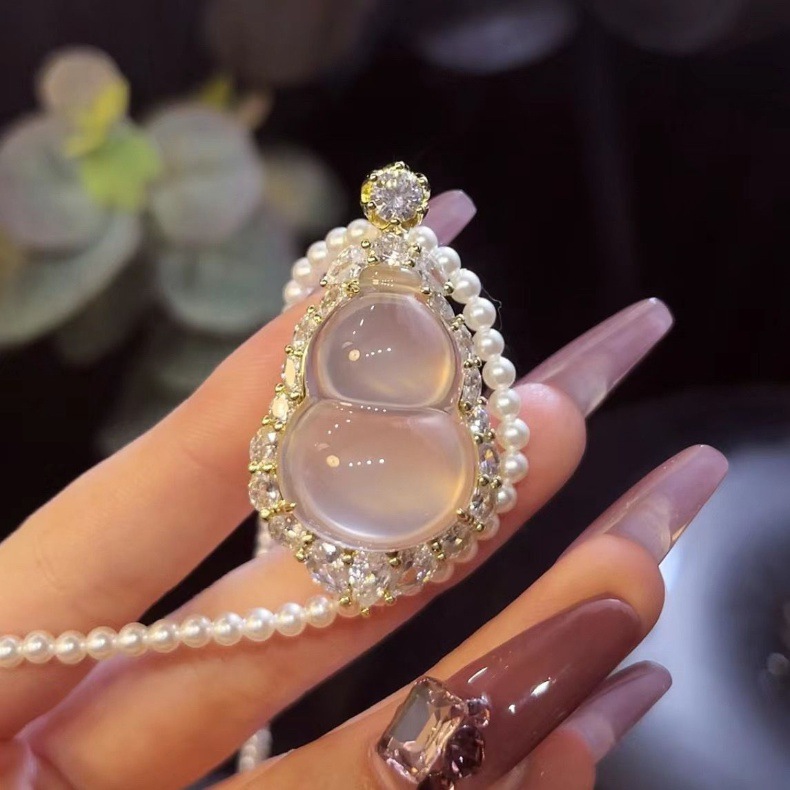 Mặt dây chuyền vòng cổ chalcedony bầu đá cao tự nhiên kiểu mới 2024 Fuluhao dát phong cách Trung Quốc mới — Bạc (bạc s925), Vàng 14k, Bạch kim, Vàng hồng chi tiết 11