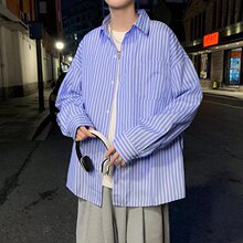 原宿ins潮牌条纹衬衫男长袖韩版潮流痞帅衬衣春秋季港风休闲外套