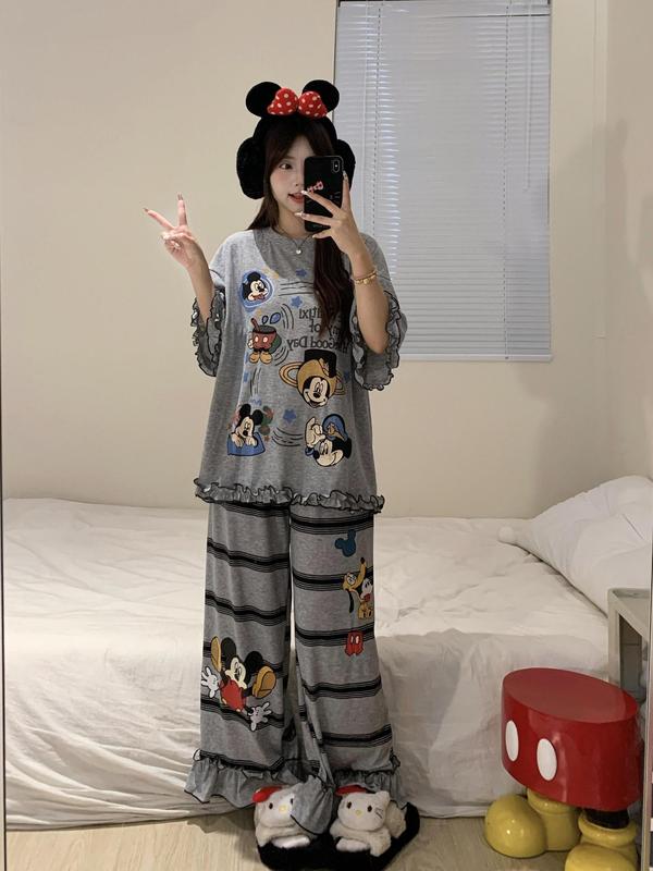 【现货】米奇木耳边短袖睡衣女款夏季宽松慵懒条纹长裤家居服套装|undefined