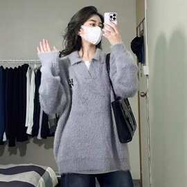 韩系水貂绒毛衣女冬季设计感小众polo领复古慵懒风感针织上衣百搭
