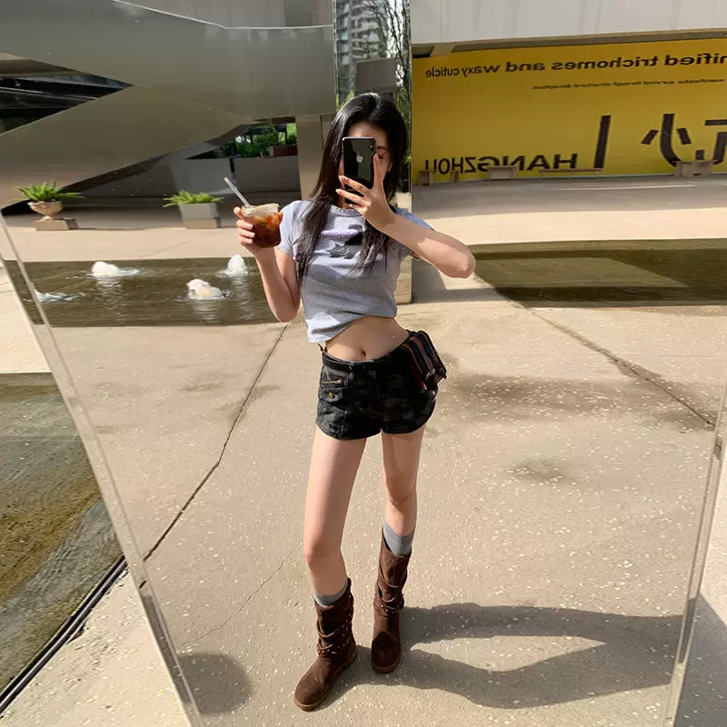 夏季时髦腿精牛仔短裤女士高腰显瘦辣妹风美式迷彩休闲百搭热裤潮