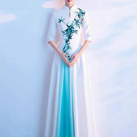 合唱比赛表演服女长裙中国风2026新款白色演出服成人红歌朗诵礼服