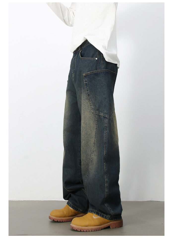 Quần jean nam ống rộng phong cách đường phố retro, nhiều túi hộp, dáng lỏng lẻo — Denim đen, Trắng, màu hồng, màu xanh chi tiết 29