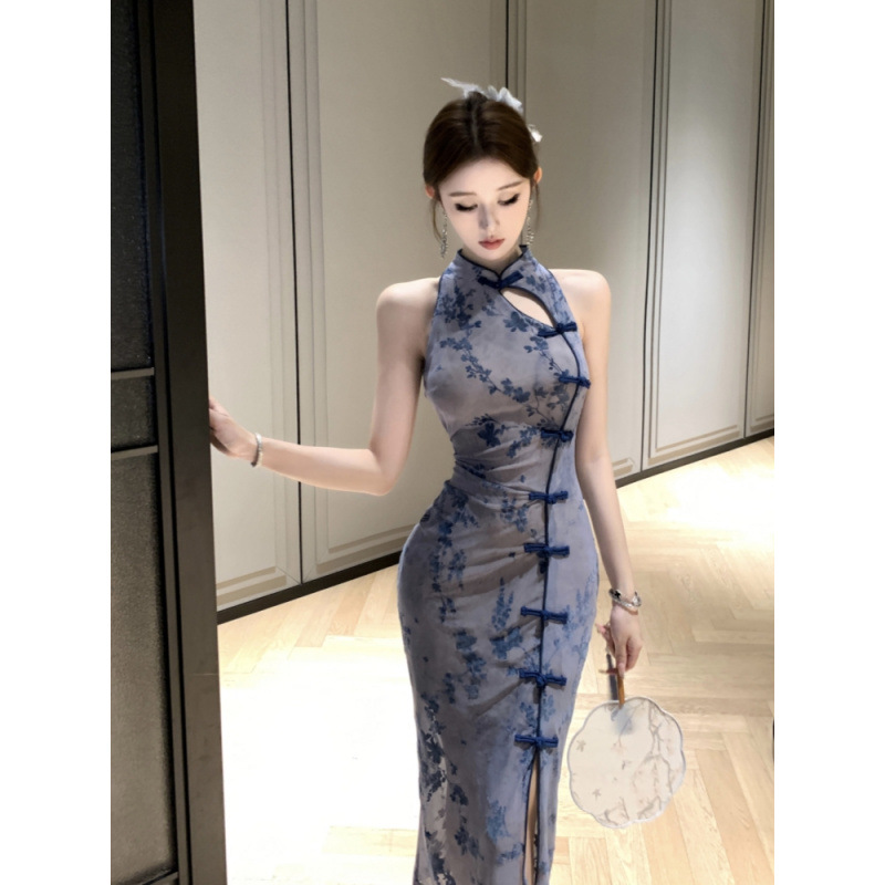 跨境气质时尚立领修身连衣裙2025秋冬新款新中式改良植绒旗袍裙女