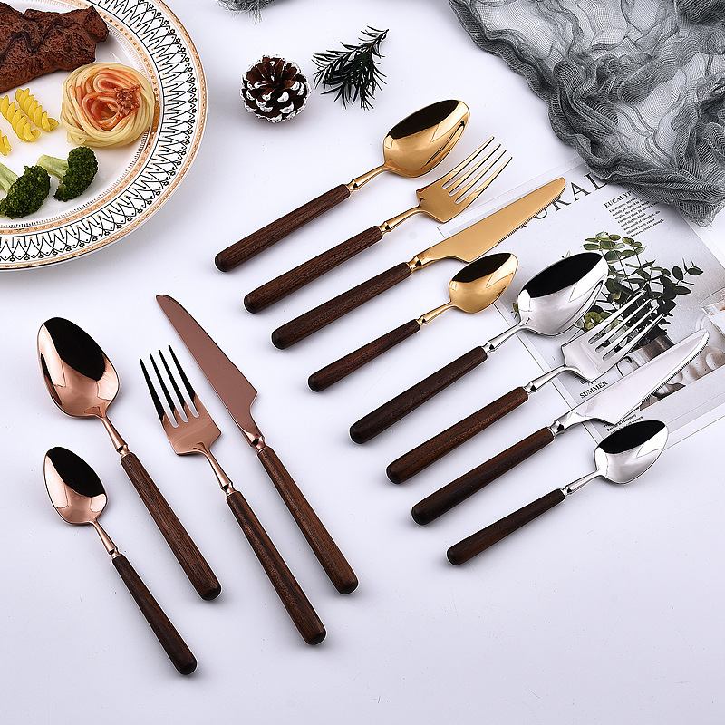 304 Stainless Steel Wooden Handle Knife and Fork Two-piece Set Western Tableware Three-l Four-piece Set Retro Steak Fork Spoon 304 Stainless Steel Wooden Handle Knife and Fork Two-piece Set Western Tableware Three-l Four-piece Set Retro Steak Fork Spoon