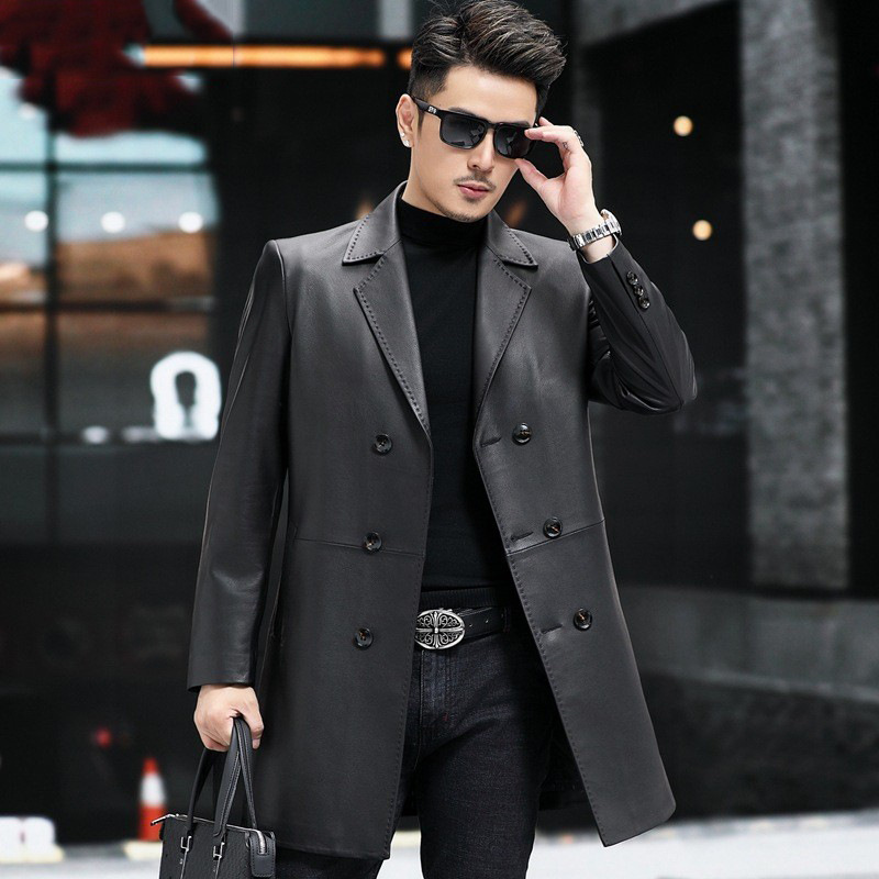 Spring and Autumn New Haining Genuine Leather Men's Mid-length Sheepskin Coat Trendy Casual Coat with Collar and Double-breasted Buckle Spring and Autumn New Haining Genuine Leather Men's Mid-length Sheepskin Coat Trendy Casual Coat with Collar and Double-breasted Buckle