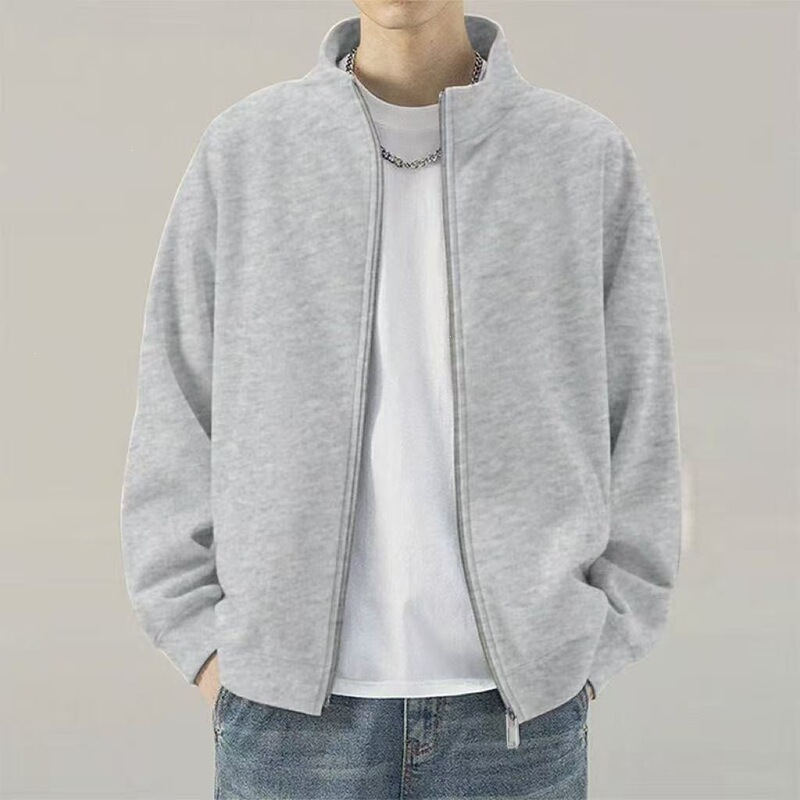 American-style stand-up collar jacket, men's autumn collection, exudes a sophisticated and relaxed vibe, gray cardigan sweatshirt, casual outerwear