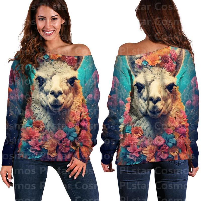 Amazon 3D sweater alpaca octopus spider print European and American new top women's off-shoulder sweater women's bottoming shirt Women