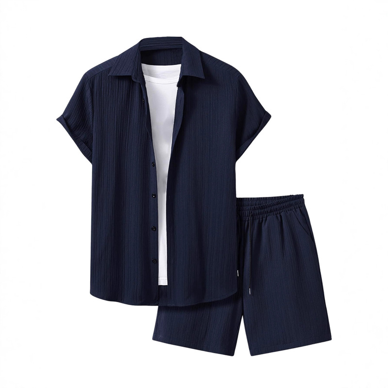 Cross-Border Men's Suit Summer Casual Wear Elastic Waist Drawstring Shorts Lapel Cardigan Short-Sleeved Shirt Men's Two-Piece Set