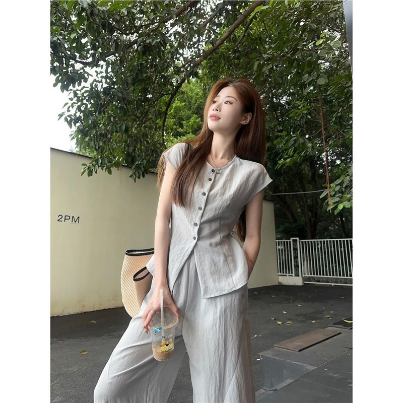 フレンチスタイルのレースアップウエストスリム半袖シャツハイウエストワイドレッグフロアレングスカジュアルパンツレディースサマーファッションスーツ|undefined