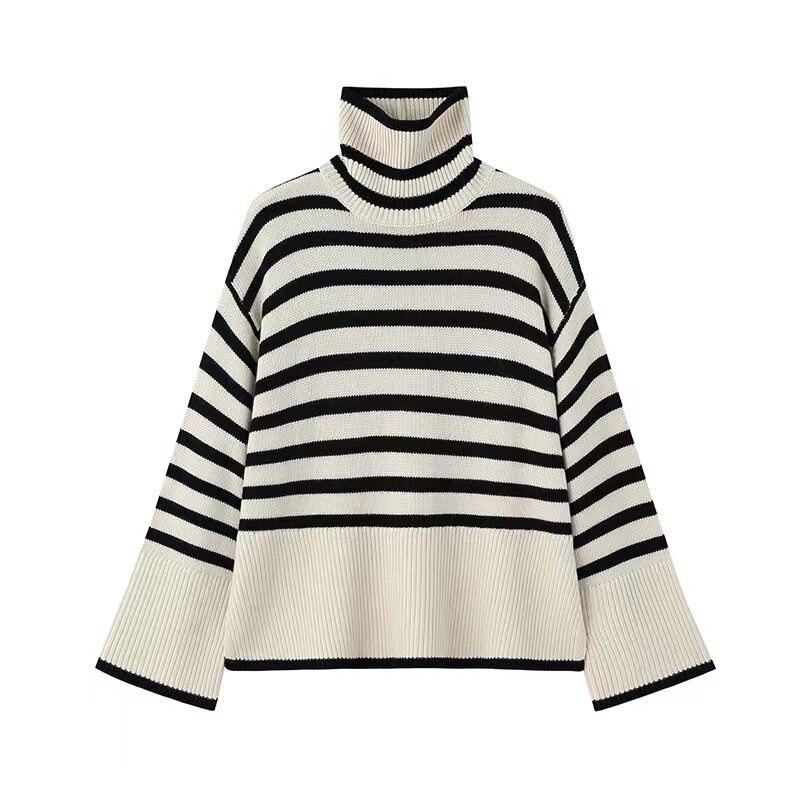 Color-Blocked Striped Turtleneck Pullover Sweater for Women, 2025 New Winter Style, Lazy Style, Wide Sleeves, Drop Shoulder, High-Neck Knitwear Color-Blocked Striped Turtleneck Pullover Sweater for Women, 2025 New Winter Style, Lazy Style, Wide Sleeves, Drop Shoulder, High-Neck Knitwear