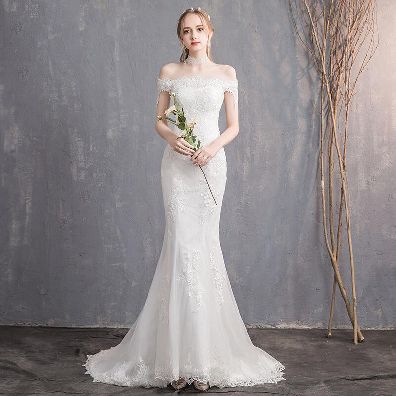 Vestido de novia ligero de cola de pez fuera del hombro 2024 nuevo banquete de verano pequeño desfile de pasarela de arrastre traje reunión anual vestido de anfitrión