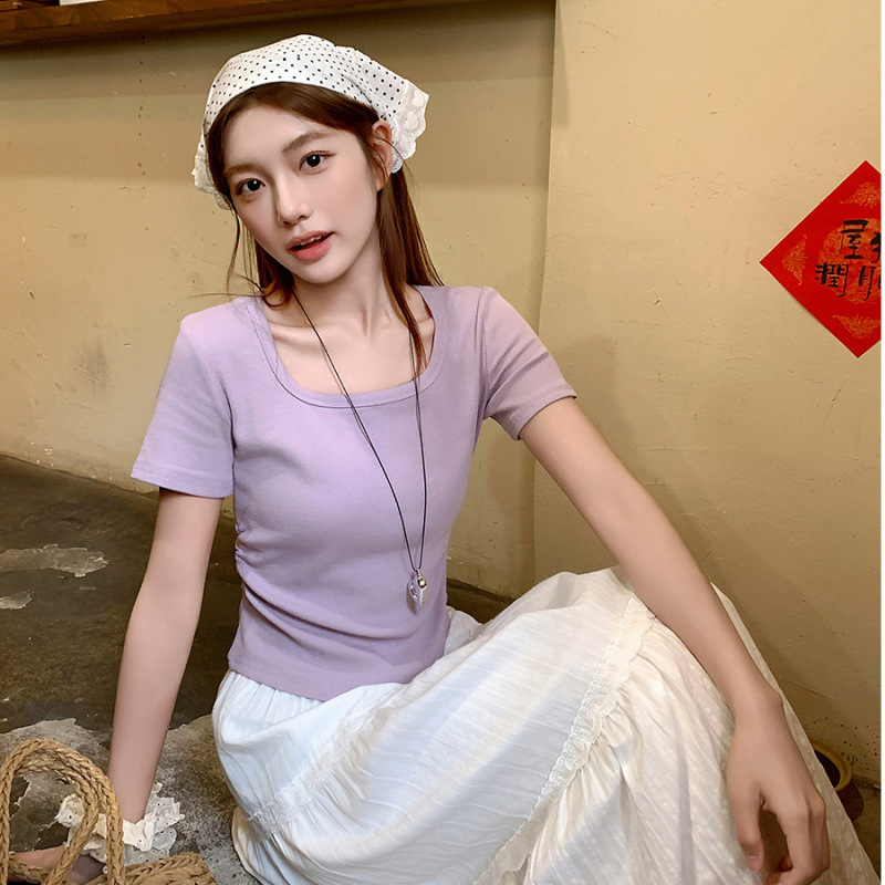 Purple Square Collar Short-sleeved T-shirt Women's Summer 2025 New Explosions Shoulder Slim-fit Slimming Design Sense Top Purple Square Collar Short-sleeved T-shirt Women's Summer 2025 New Explosions Shoulder Slim-fit Slimming Design Sense Top