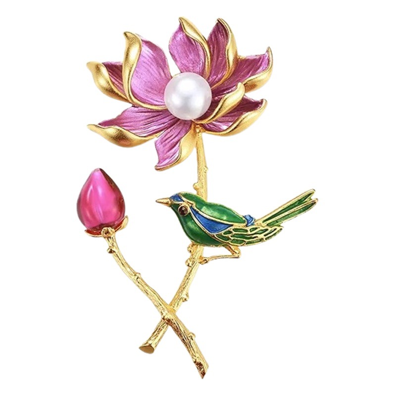 Estilo chino magpie Lotus broche de las mujeres de gama alta retro exquisito cheongsam Hanfu ramillete Q & A abrigo pin Accesorios