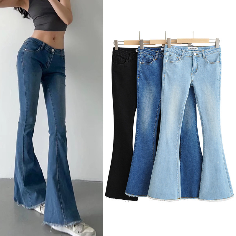 2024 Early Autumn Hot Girl Low-Waist Elastic Slim Fit Hip-Hugging Denim Pants Women's Washed Raw Edge Flared Denim Pants