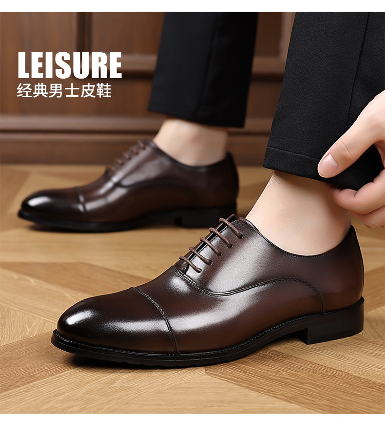 Giày da nam công sở da bò lớp đầu buộc dây mũi nhọn gót gỗ — Màu nâu đậm, màu đen chi tiết 21
