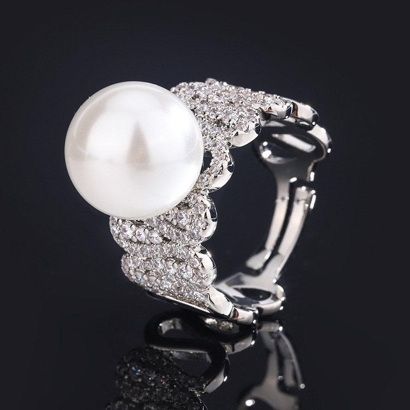 2023 nuevo estilo Zhuang Sheng joyería de cobre Chapado en platino nueva fila anillo perla temperamento personalidad anillo de las mujeres 12mm