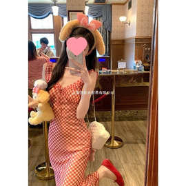 【原版做法＋内里】甜美法式红色格子吊带连衣裙子女度假风鱼尾长
