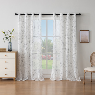 Cross-border curtain tulle living room bedroom bay window finished transparent window screen plant printed short curtain kitchen in stock wholesale