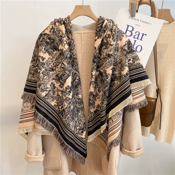 2022 Autumn and Winter New Cashmere Scarf Thickened Warm Shawl European and American Tassel Texture Painting Square Scarf for Women