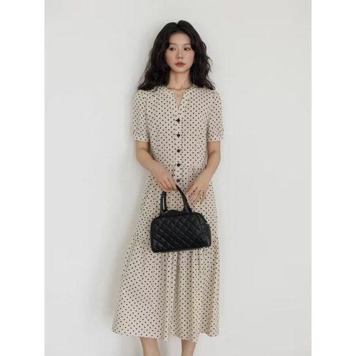 Summer v-neck polka-dot short-sleeved dress for women, slim, casual and loose long skirt