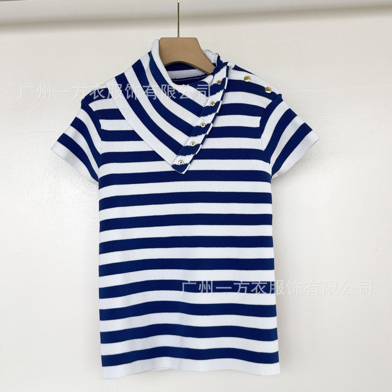 Nanyou High-Quality 26 Summer Striped Half-High Collar Short-Sleeve T-Shirt Knitwear for Women, New Slim-Fit T-Shirt Base Top