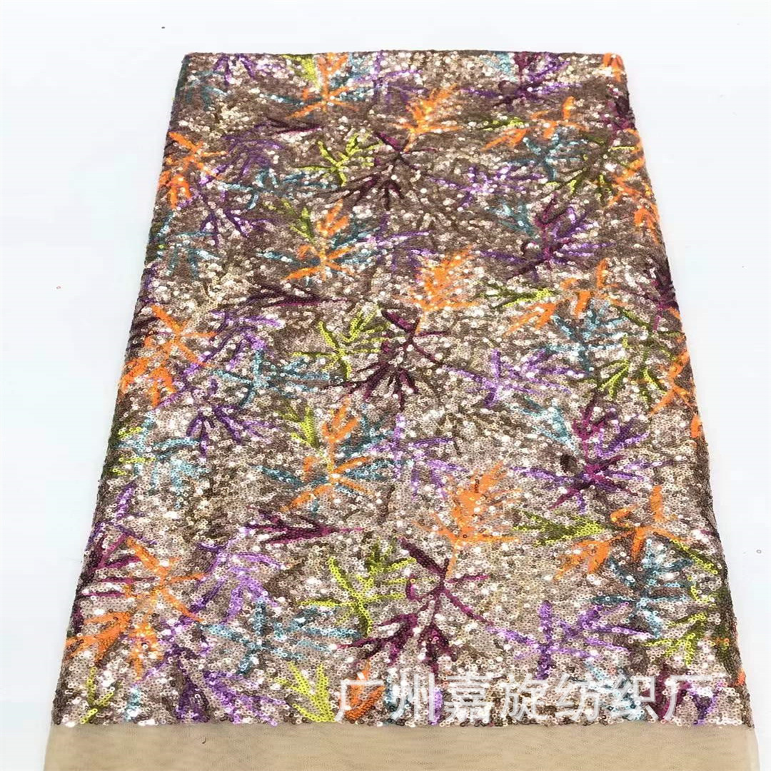 Tela de encaje con lentejuelas de hojas de bambú con estampado completo, en stock, para vestidos europeos y americanos, fiestas, moda de pasarela y ribetes de encaje.