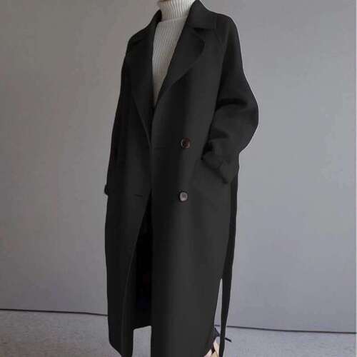 Woolen coat for women's autumn and winter new Korean style long fashionable loose over-the-knee waist lace woolen coat for women