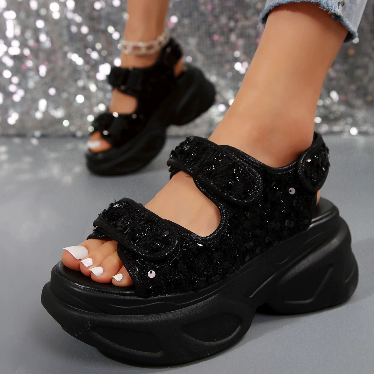 Платформенные сандалии большого размера, лето 2025, новые, на липучке, с пайетками, открытый носок, римские сандалии, сандалии с толстой подошвой для женщин
