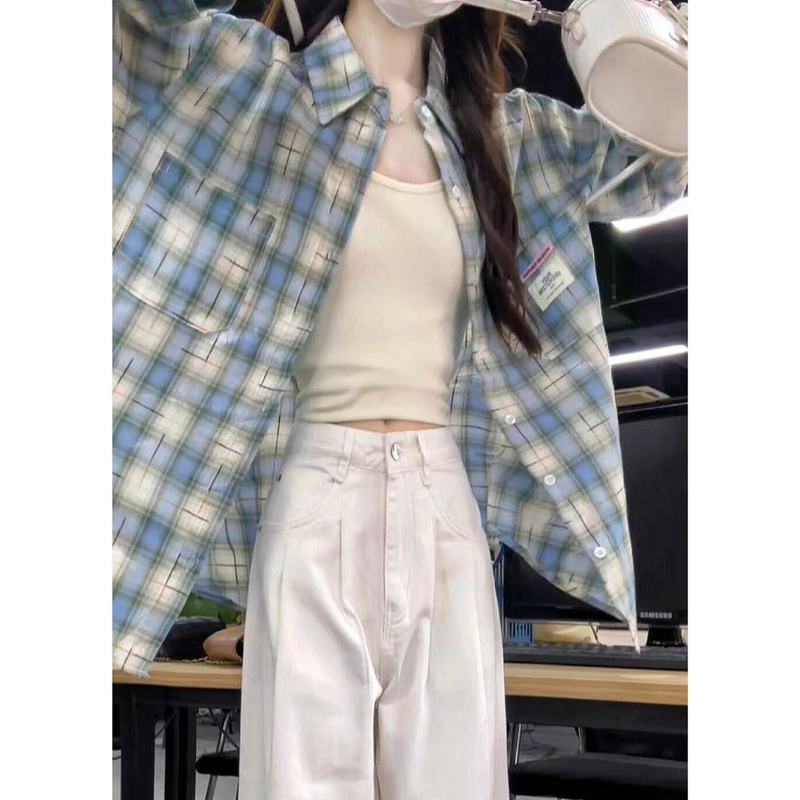 森系橘色格纹衬衫女叠穿年轻ins宽松遮肉显瘦长袖衬衣外搭开衫潮|undefined