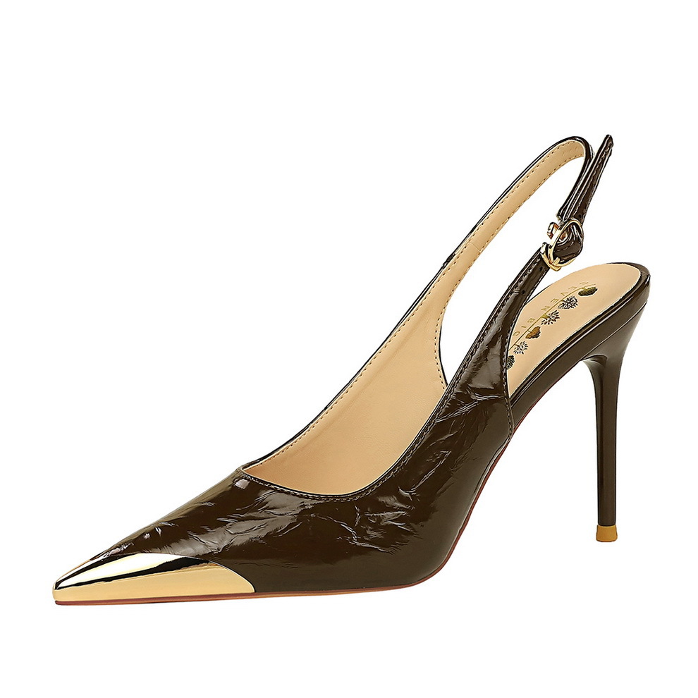 373-22 European And American Style Fashion Ultra High Metal Pointed Toe Backless Thin Heels Women Hollow Back Strap_vogvips.com