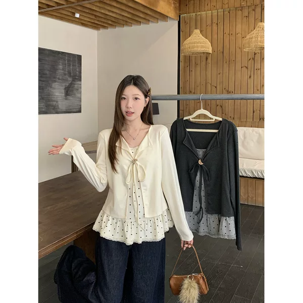 2026 Spring New Style Plus-Size Women's Sweet Lace Patchwork Polka Dot Long-Sleeve Faux Two-Piece Top