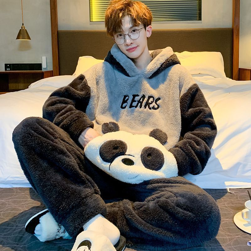 Men's Pajamas Autumn and Winter Coral Fleece Thickened fleece-lined Cartoon Ins Style Teenagers Can Wear Hood Outer Home Clothes